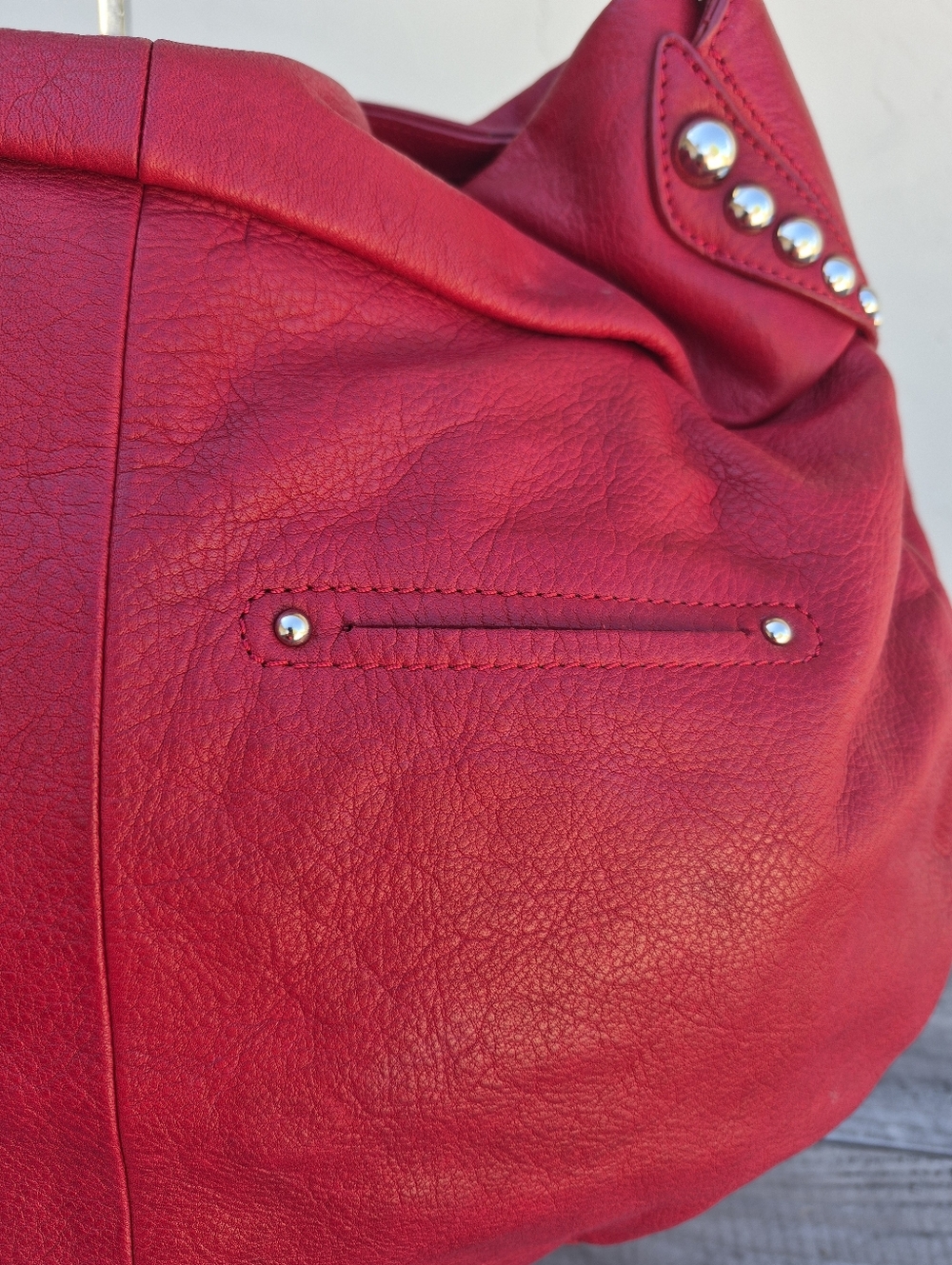 B. Makowsky Vintage Leather Studded Red Hobo Shoulder Bag - Picture 10 of 16